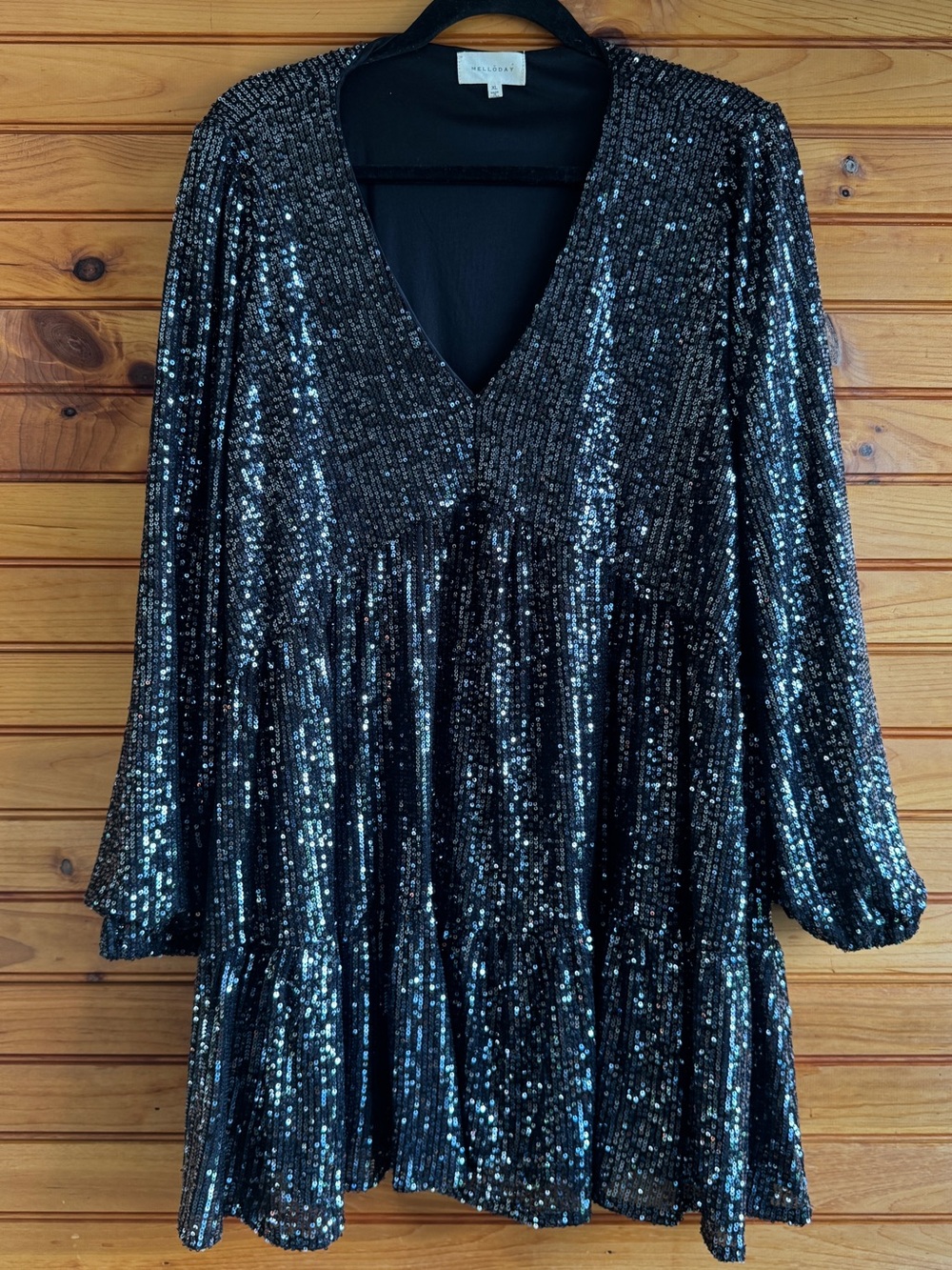 Melloday Sequin Mini Dress XL Black Long Sleeve Babydoll Holiday Party
